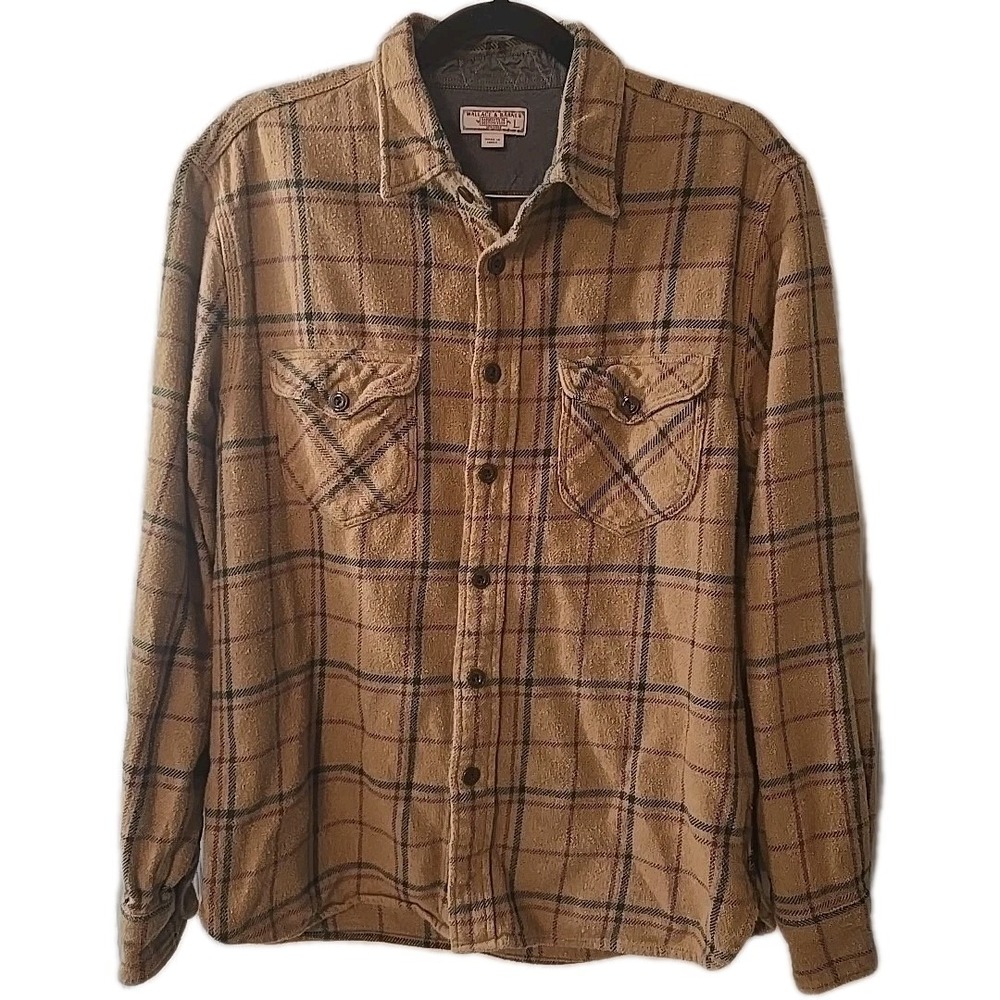 Wallace & Barnes Flannel Button Up Shirt Men's Size L Brown‎ Tan Plaid Workwear